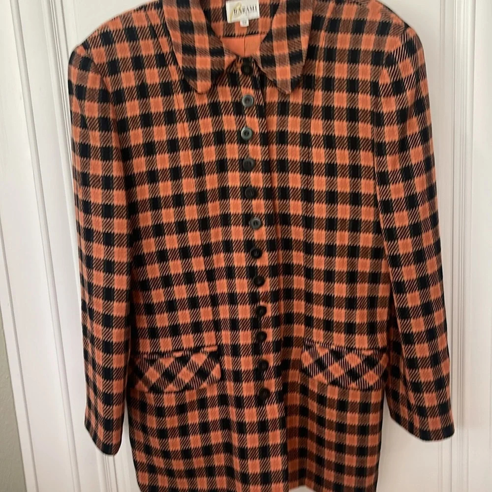 Vintage BARAMI 100% WOOL COAT BLAZER SZ 12 FULLY LINED BLACK ORANGE HOUNDSTOOTH - Picture 17 of 17